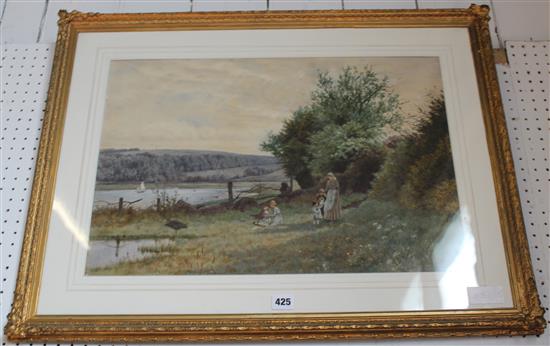 G. Lyons, watercolour, Figures by a lake